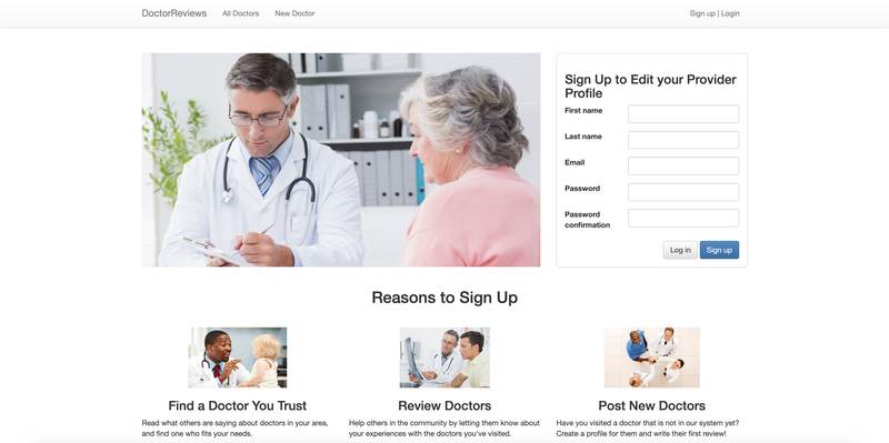 Doctor Reviews home page, unauthenticated, desktop view