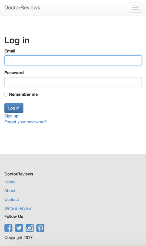 Doctor Reviews log in page, mobile view
