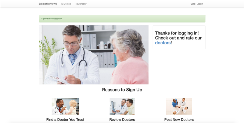 Doctor Reviews home page, authenticated, desktop view