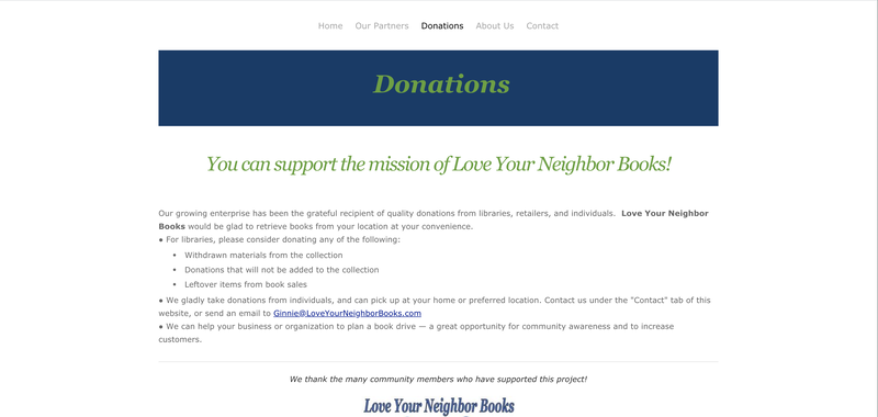 Love Your Neighbor Books donations page, desktop view