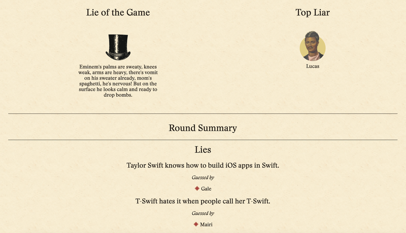 Scoreboard Mode: Lie of the Game and Top Liar on Final Scores page